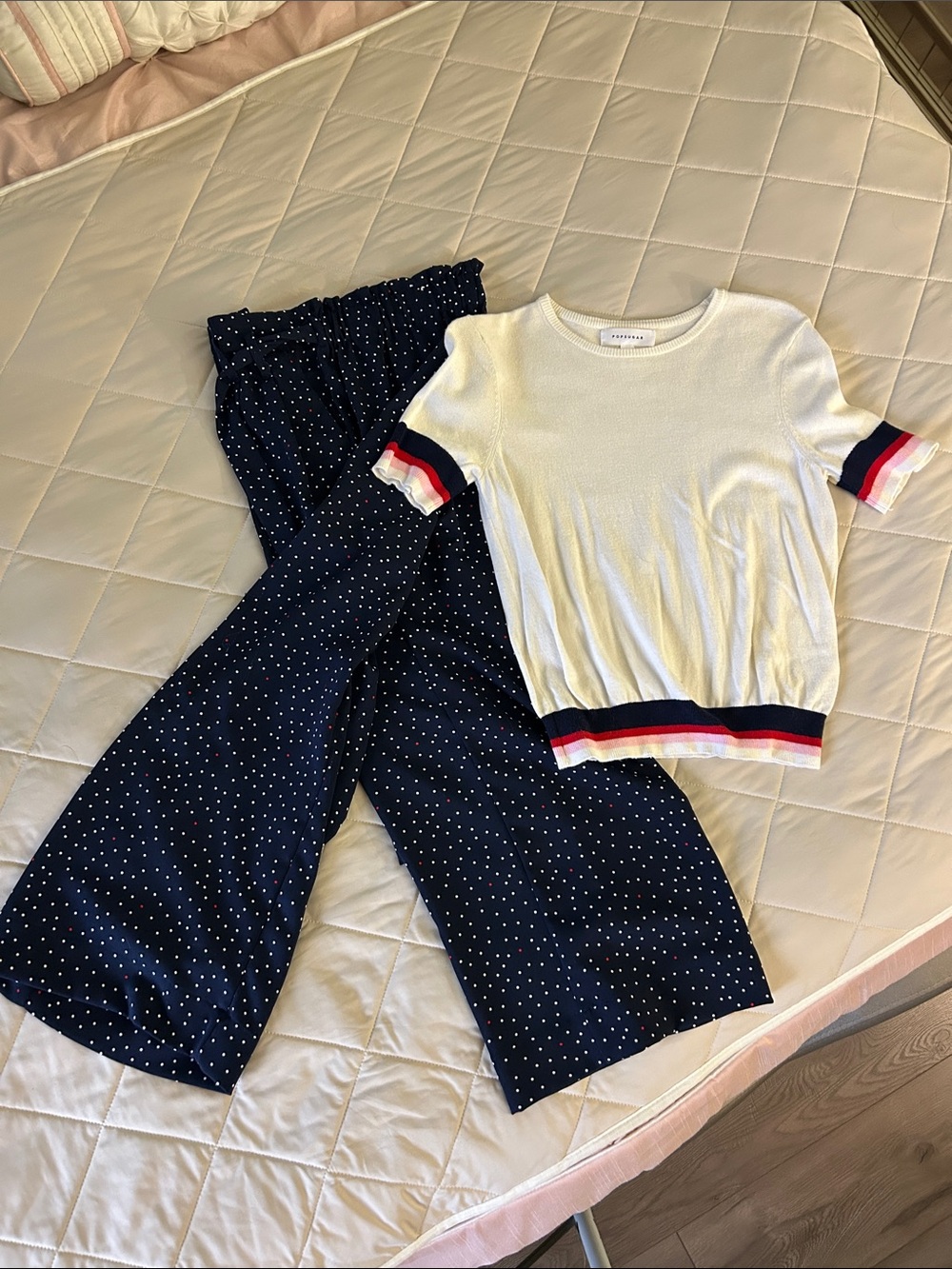 POPSUGAR White Short-Sleeve Knit Top with Navy Polka Dot Pillotzo Pants